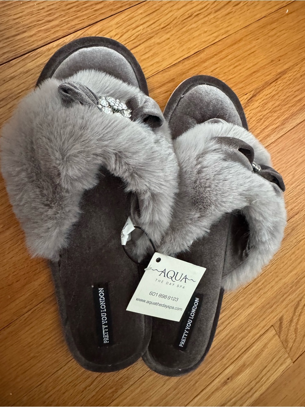 Aqua Plush Gray Faux Fur Slide Slippers with Crystal Accent